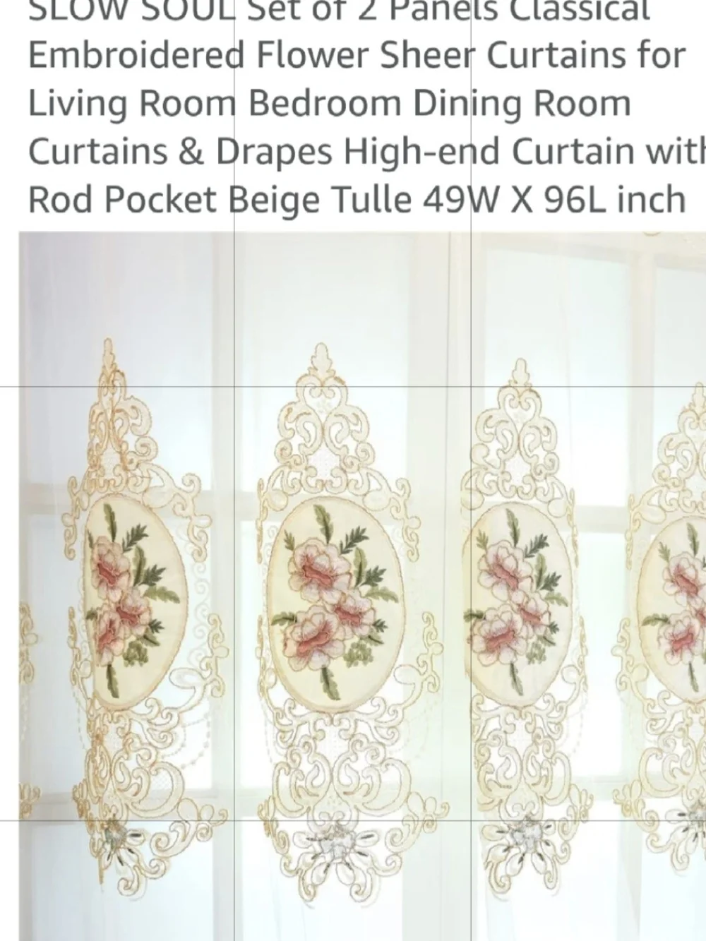 Slow Soul Classical Embroidered Flower Sheer Curtains - 2 Panels Size 49W by 96L